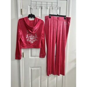 Juicy Couture Velour Bling Tracksuit Set Pink Party Crown Logo Rhinestone XL